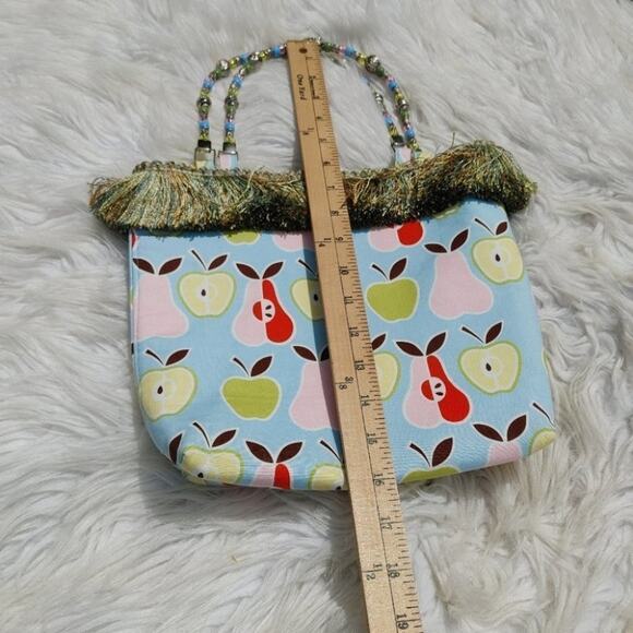 Beaded Pear Apple Blue Fringe  Purse y2k Unique Chic Hand purse Closure Fruit - Picture 12 of 12